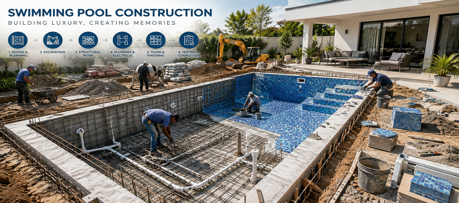 Detailed swimming pool construction stages